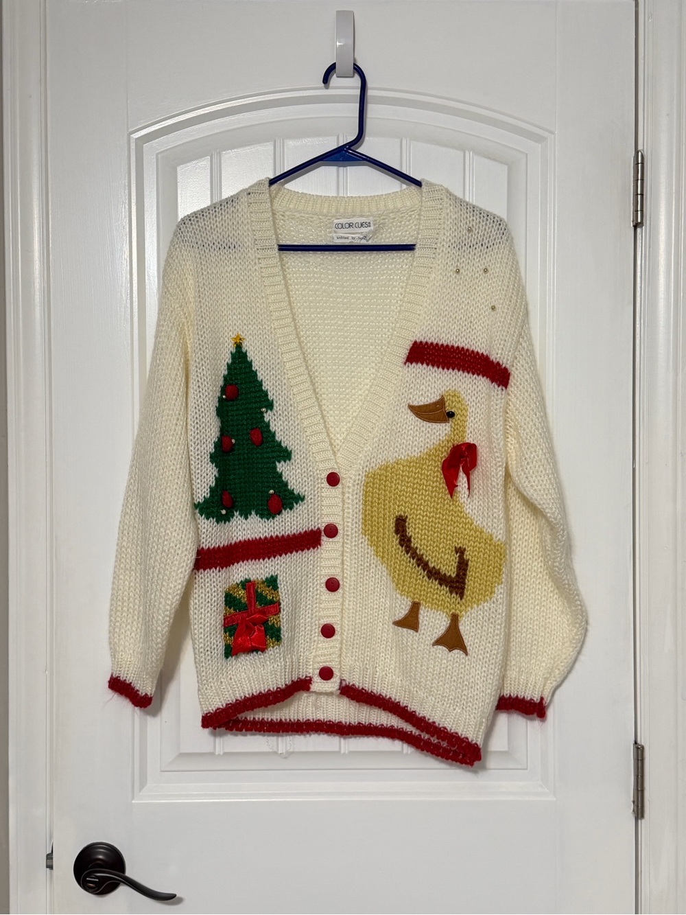 Color Cues Vintage Hand Knit Christmas Duck Cardigan with Red Trim